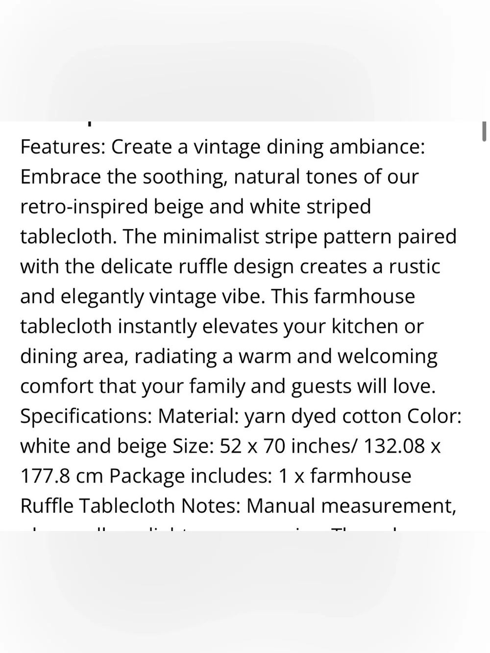 Farmhouse Ruffle Tablecloth 100% Cotton Rectangular 52x70” - BEIGE WHITE STRIPE